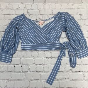 Showpo Crop Top Striped Blue and White Chambray